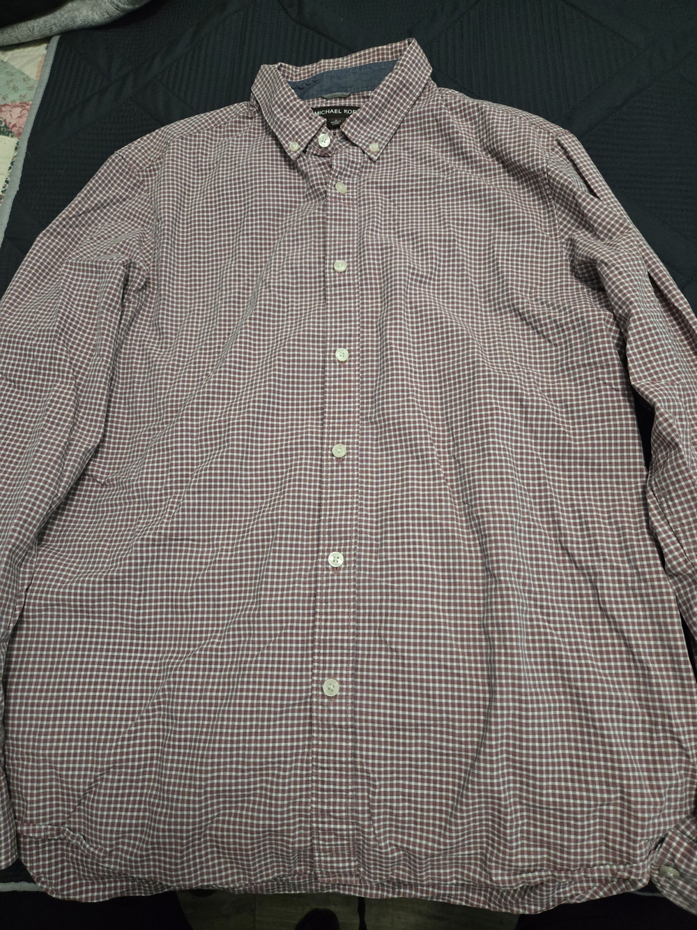 Michael Kors Men’s Burgundy and White Checked Button-Down Shirt